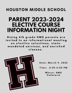 Rising 6th grader HMS parents are invited to an informational meeting on elective selections, state mandatory services, and enriched classes.  